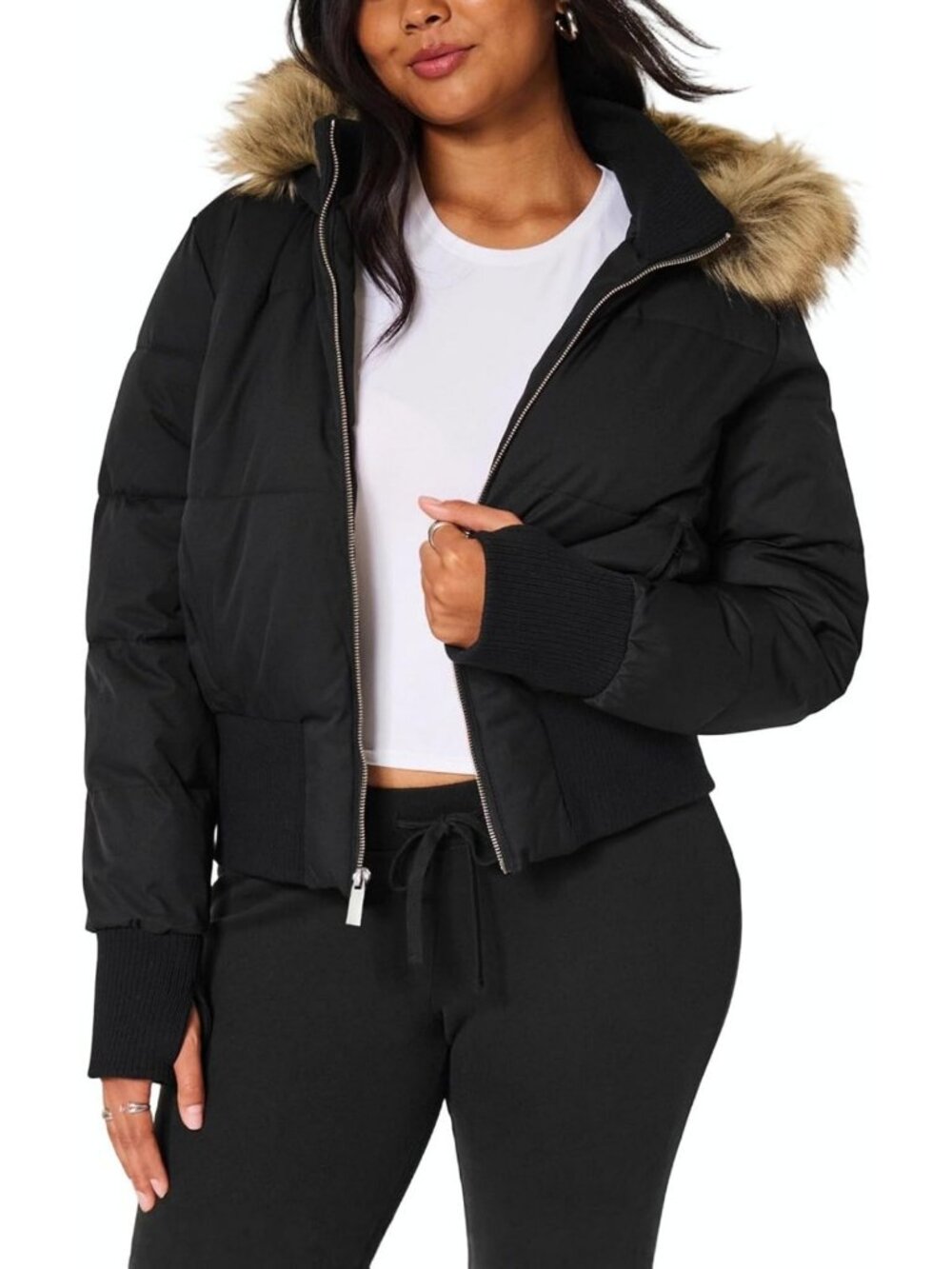 Warm Quilted Puffer Jacket with Fur Hood, Winter Bomber Coat, Cropped Utility